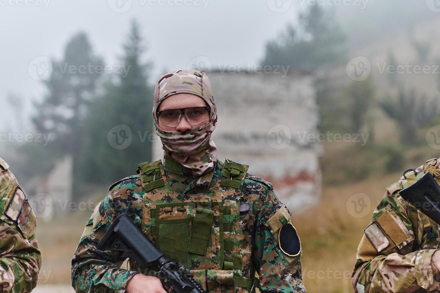A disciplined and specialized military unit, donned in camouflage, strategically patrolling and maintaining control in a high-stakes environment, showcasing their precision, unity, and readiness for photo