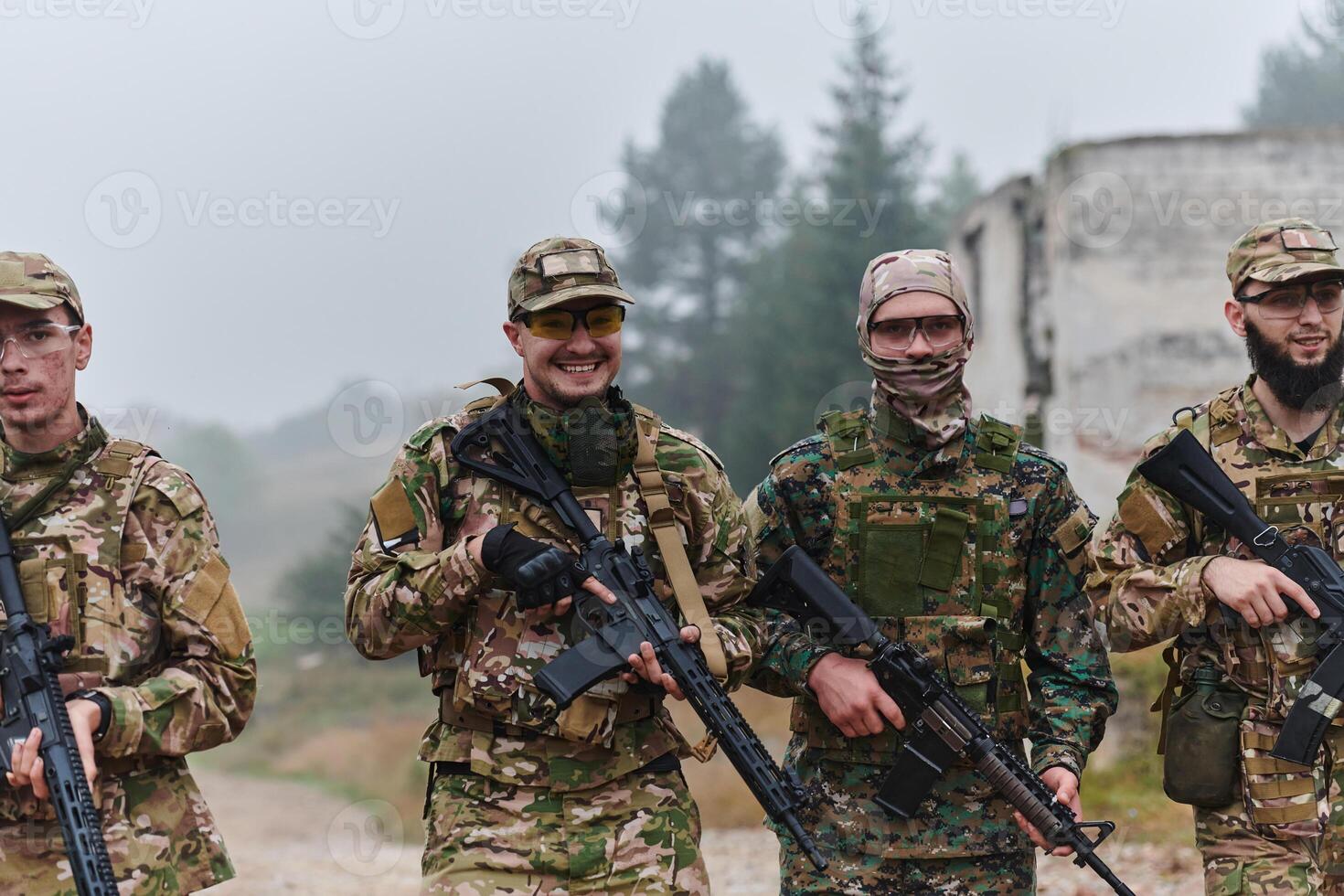 A disciplined and specialized military unit, donned in camouflage, strategically patrolling and maintaining control in a high-stakes environment, showcasing their precision, unity, and readiness for photo