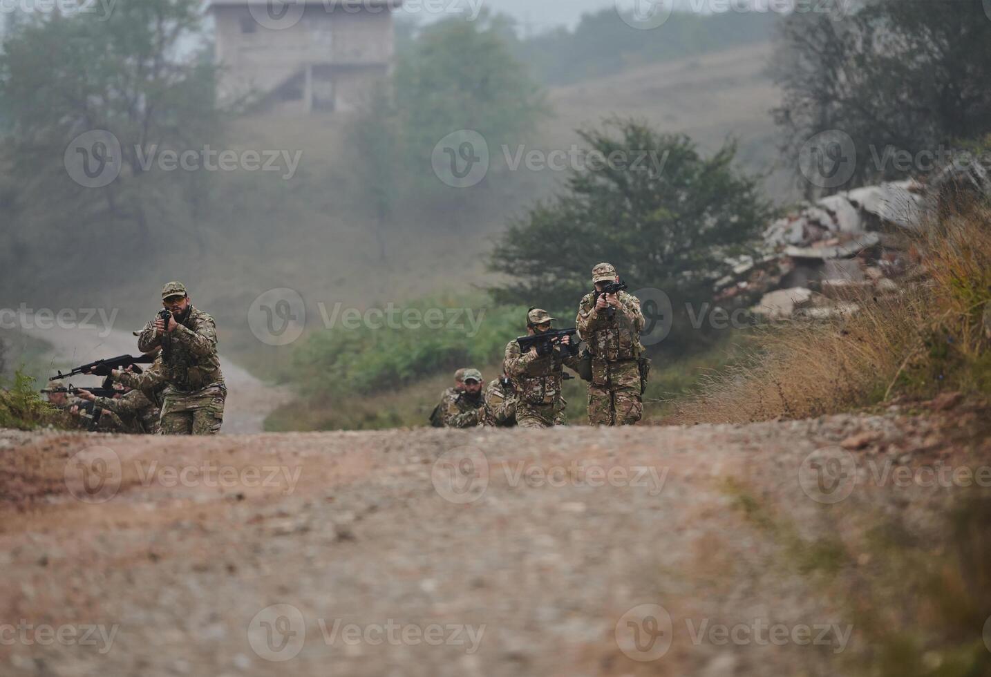 A disciplined and specialized military unit, donned in camouflage, strategically patrolling and maintaining control in a high-stakes environment, showcasing their precision, unity, and readiness for photo