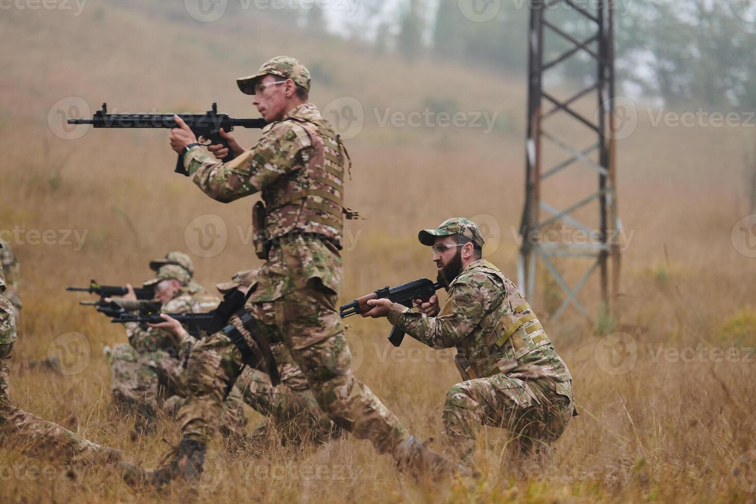 A disciplined and specialized military unit, donned in camouflage, strategically patrolling and maintaining control in a high-stakes environment, showcasing their precision, unity, and readiness for photo
