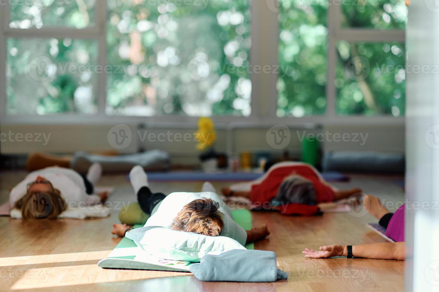 A group of senior women engage in various yoga exercises, including neck, back, and leg stretches, under the guidance of a trainer in a sunlit space, promoting well-being and harmony photo