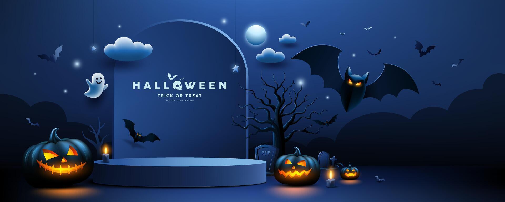 Halloween podium dark blue color, bat flying, pumpkin, ghost, candle, banner design on cloud and moon dark blue background vector