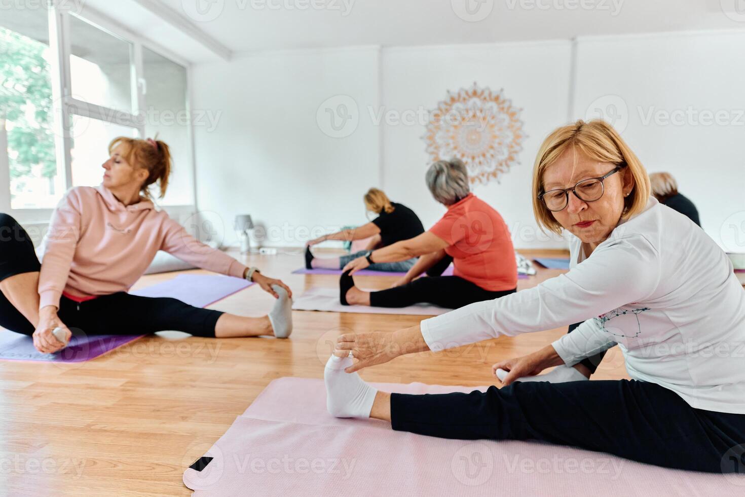 A group of senior women engage in various yoga exercises, including neck, back, and leg stretches, under the guidance of a trainer in a sunlit space, promoting well-being and harmony photo