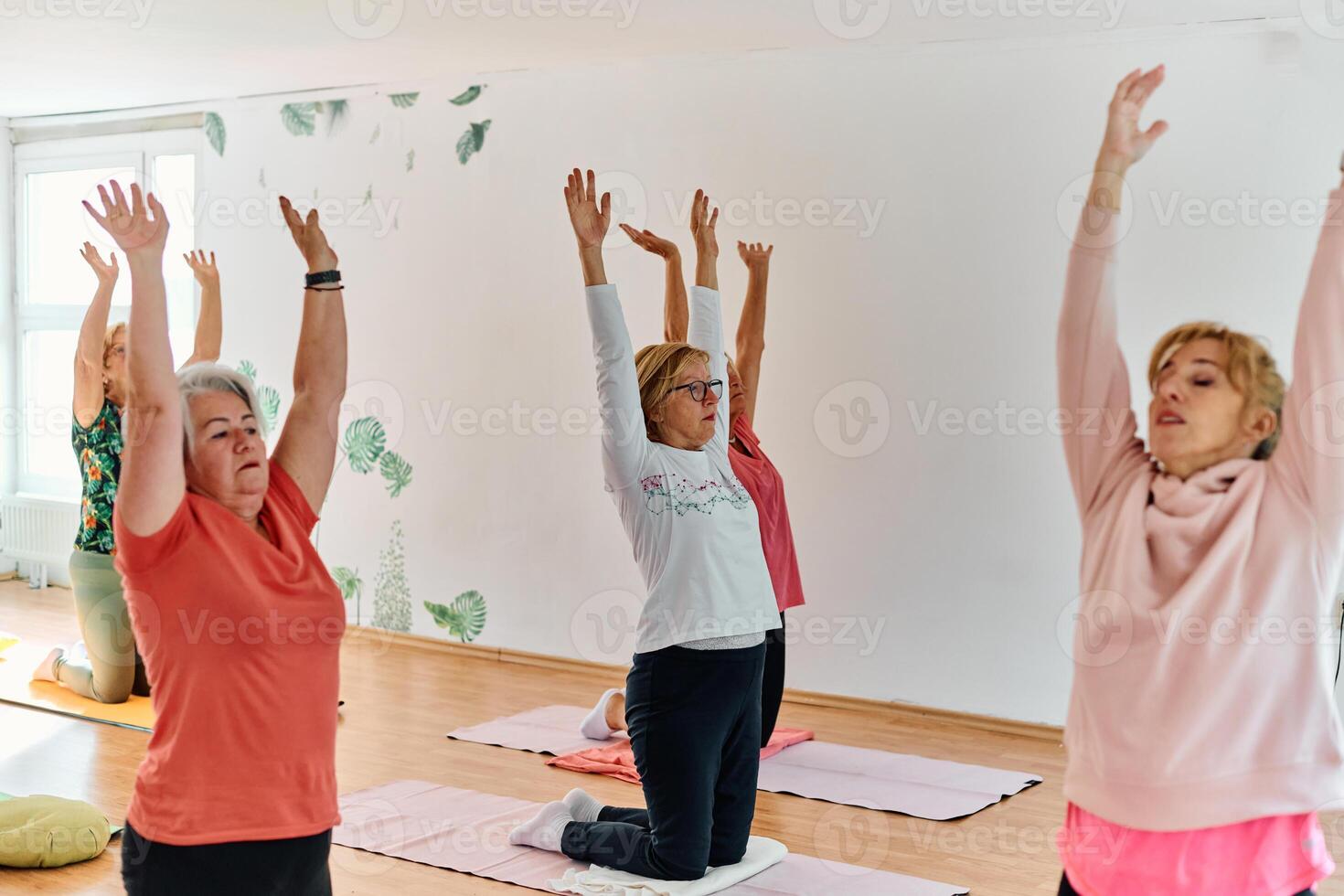 A group of senior women engage in various yoga exercises, including neck, back, and leg stretches, under the guidance of a trainer in a sunlit space, promoting well-being and harmony photo