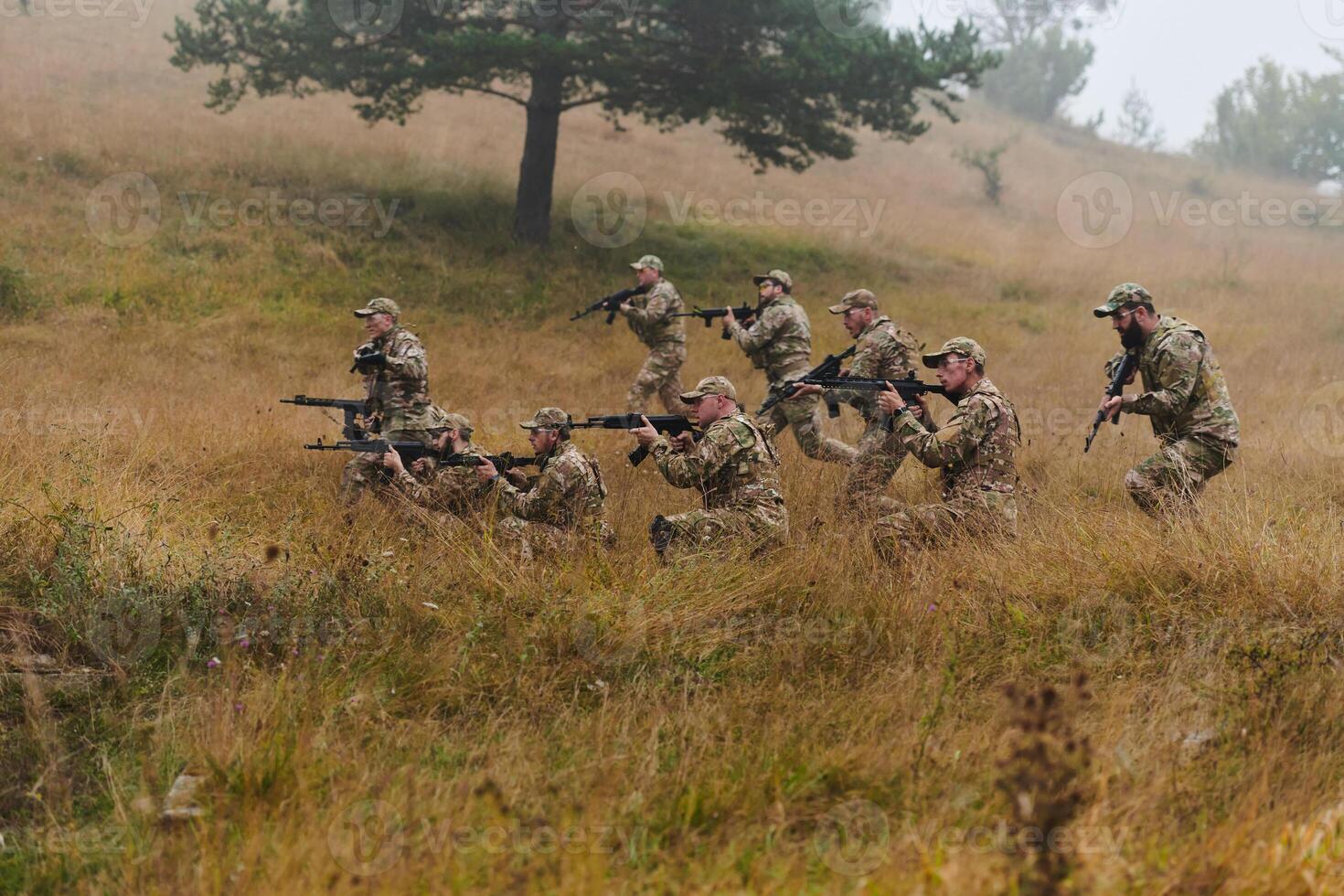A disciplined and specialized military unit, donned in camouflage, strategically patrolling and maintaining control in a high-stakes environment, showcasing their precision, unity, and readiness for photo