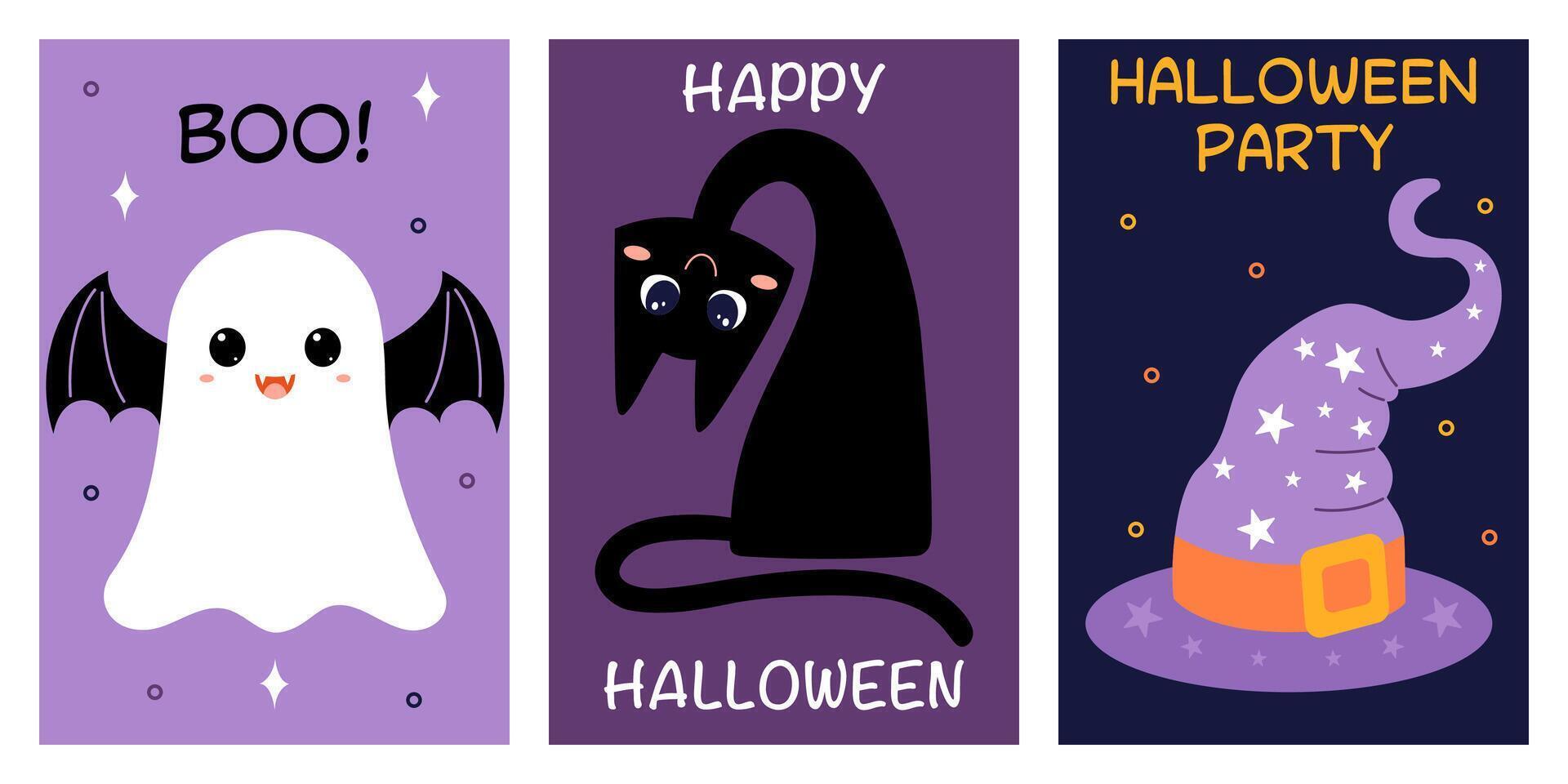 Halloween poster set with ghost, cat, hat vector