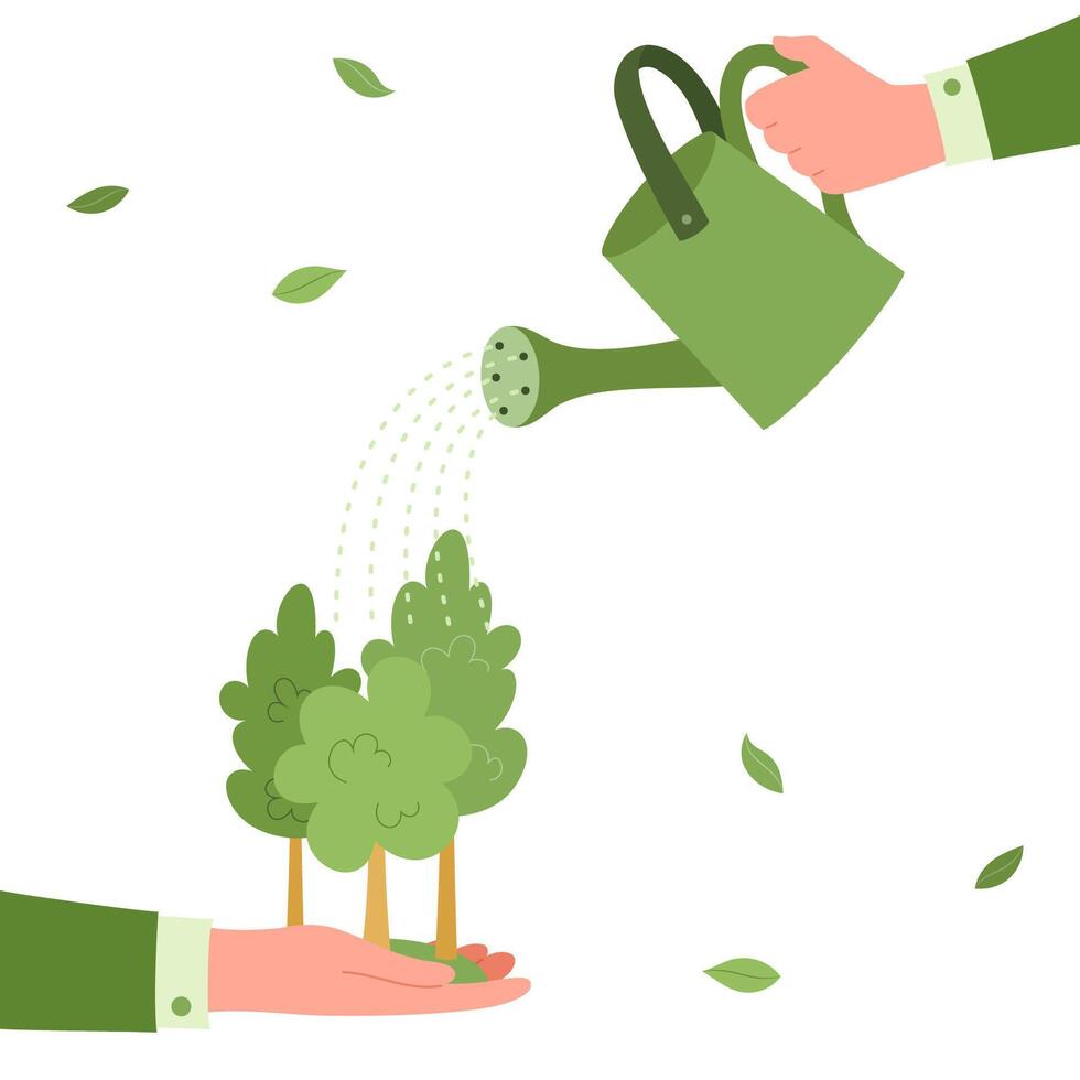 Hand waters the forest with watering can vector