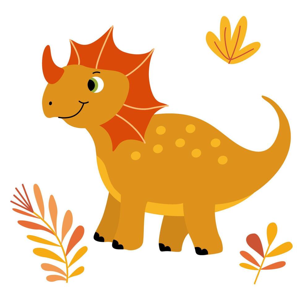 Illustration of a cute smiling little dinosaur in a flat style. Friendly and playful design is ideal for children's books, t-shirt, nursery decor, greeting cards, party invitations vector
