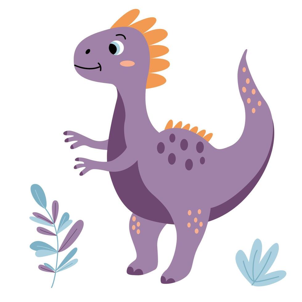 Charming illustration of a cute smiling violet dinosaur in a flat style. Friendly and playful design is ideal for children's books, t-shirt, nursery decor, greeting cards, party invitations vector