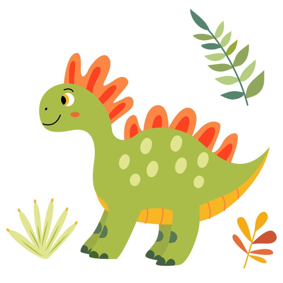 Charming illustration of a cute green baby dinosaur in a flat style. Friendly and playful design is ideal for children's books, t-shirt, nursery decor, greeting cards, party invitations vector