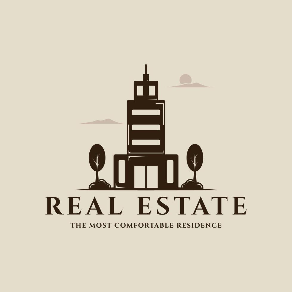 apartment building logo vintage illustration template icon graphic design. real estate architecture sign or symbol for business or company with environment view concept with retro style vector