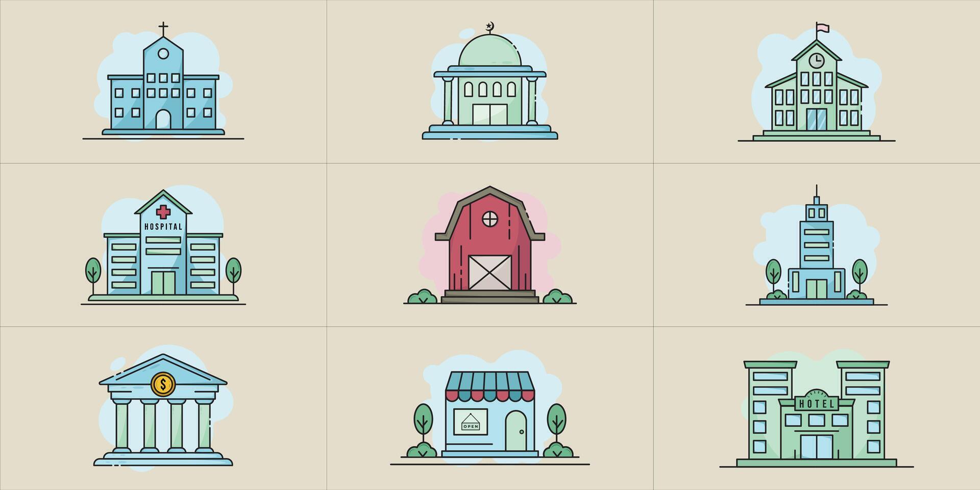 set of building icon logo line art color illustration template graphic design. bundle collection of various architecture for business or religious activities or Learning Activities vector