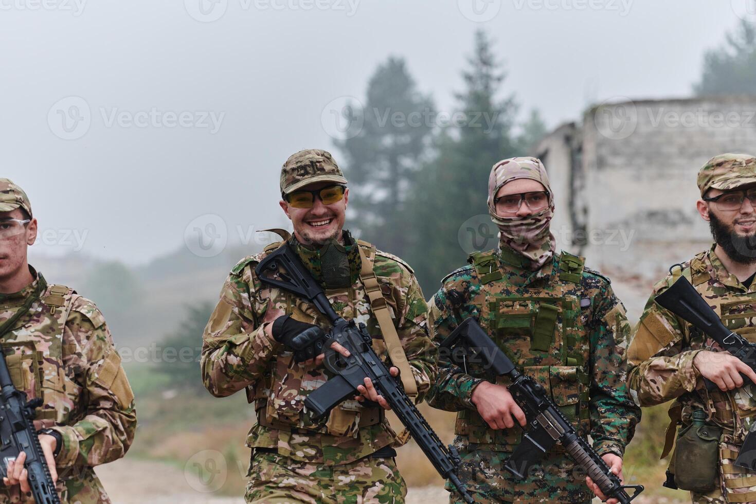 A disciplined and specialized military unit, donned in camouflage, strategically patrolling and maintaining control in a high-stakes environment, showcasing their precision, unity, and readiness for photo