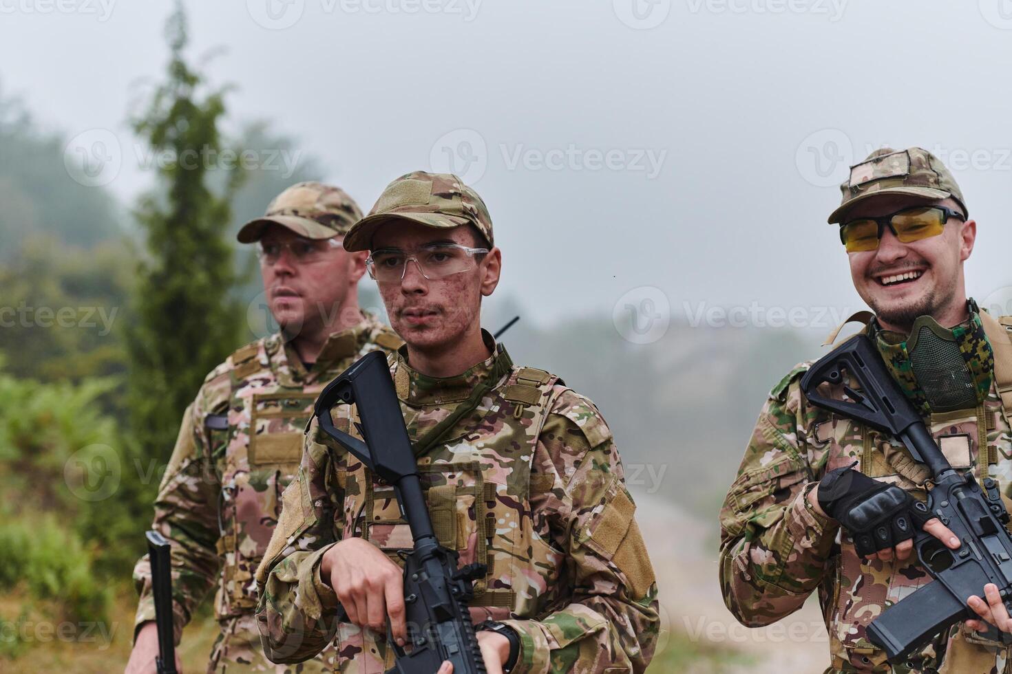A disciplined and specialized military unit, donned in camouflage, strategically patrolling and maintaining control in a high-stakes environment, showcasing their precision, unity, and readiness for photo