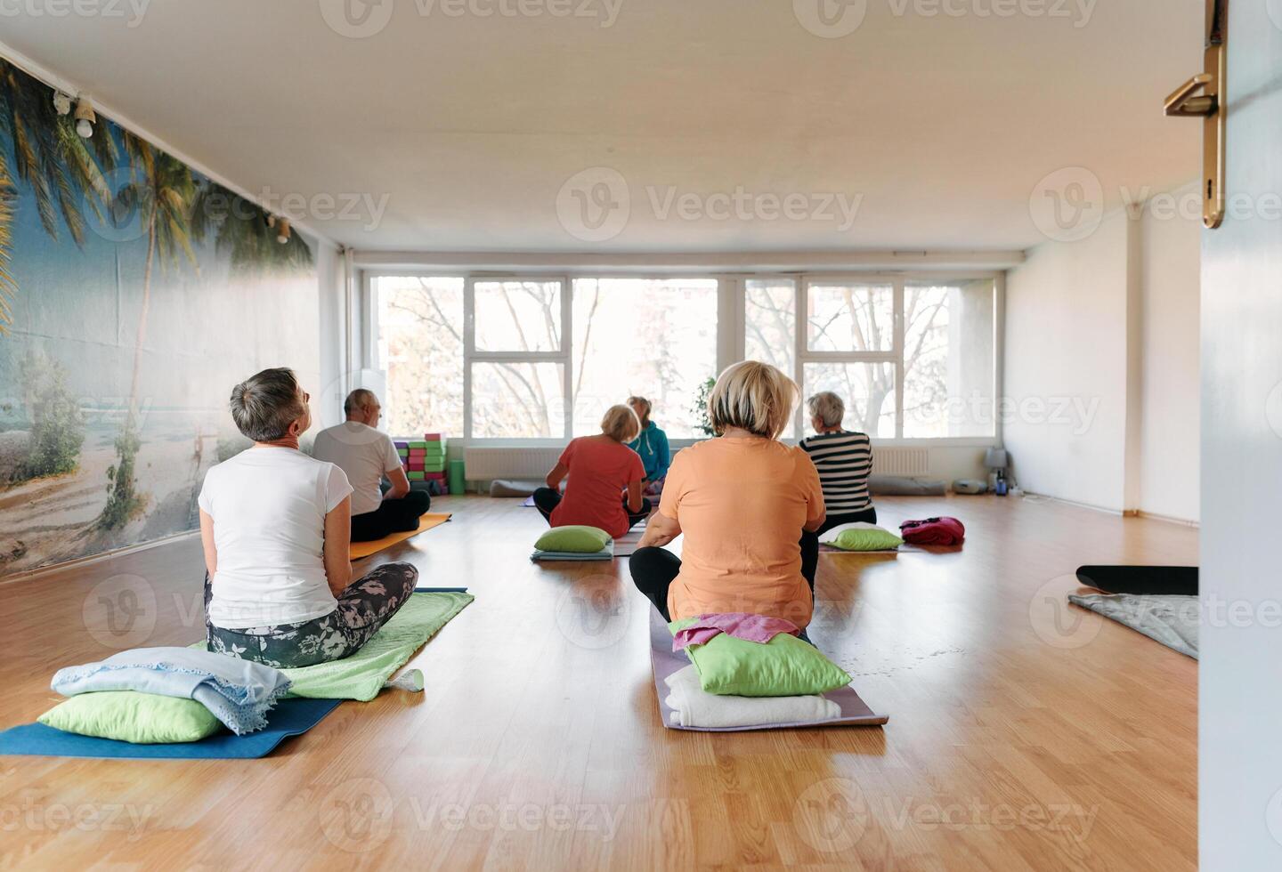 Senior Women Embrace Wellness. Yoga and Stretching in a Sunlit Space photo