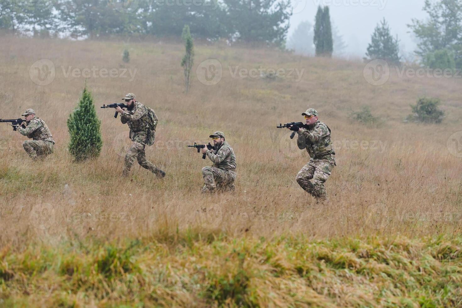 A disciplined and specialized military unit, donned in camouflage, strategically patrolling and maintaining control in a high-stakes environment, showcasing their precision, unity, and readiness for photo
