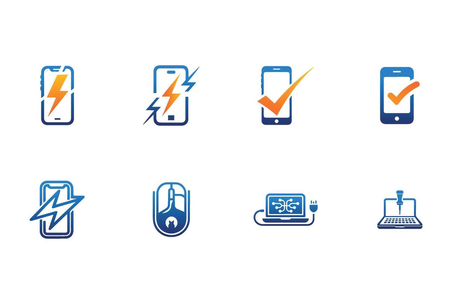 Mobile Phone check in and flash line icons. Smartphone and laptop technology linear icon set. vector