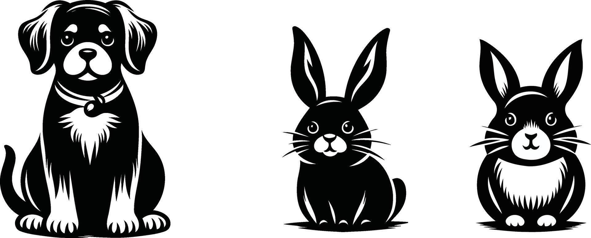 Black and white dog and rabbit silhouette vector