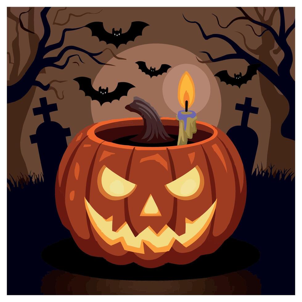 A Halloween horror illustration of a pumpkin with a spooky face. vector