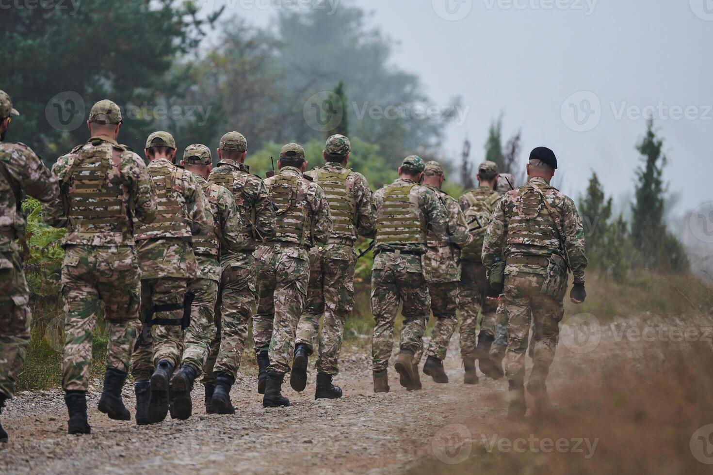 An elite military unit, led by a major, confidently parades through dense forest, showcasing precision, discipline, and readiness for high-risk operations photo