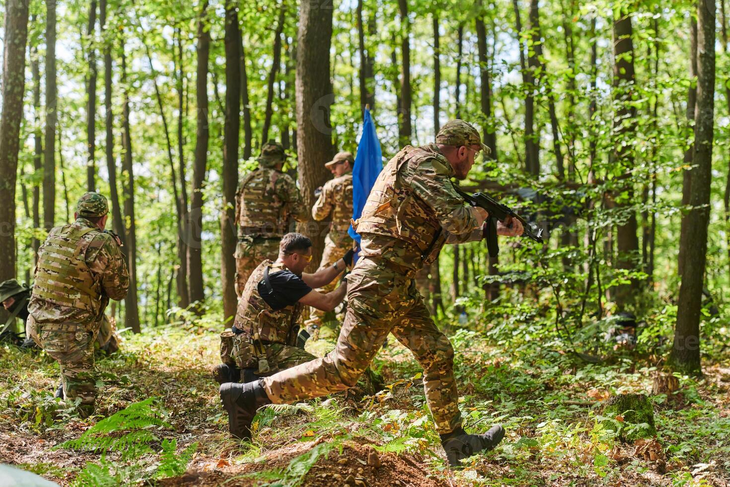 A disciplined and specialized military unit, donned in camouflage, strategically patrolling and maintaining control in a high-stakes environment, showcasing their precision, unity, and readiness for photo