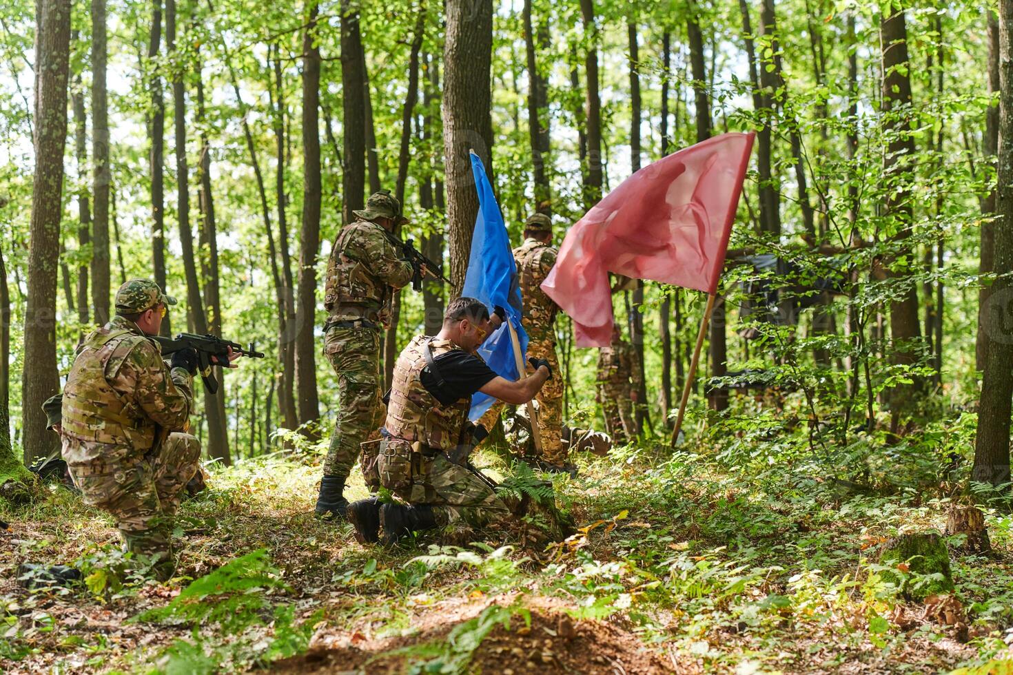 A disciplined and specialized military unit, donned in camouflage, strategically patrolling and maintaining control in a high-stakes environment, showcasing their precision, unity, and readiness for photo