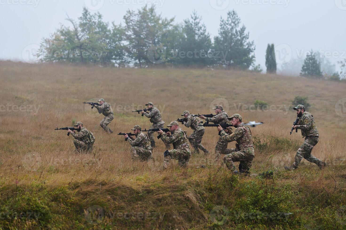 A disciplined and specialized military unit, donned in camouflage, strategically patrolling and maintaining control in a high-stakes environment, showcasing their precision, unity, and readiness for photo