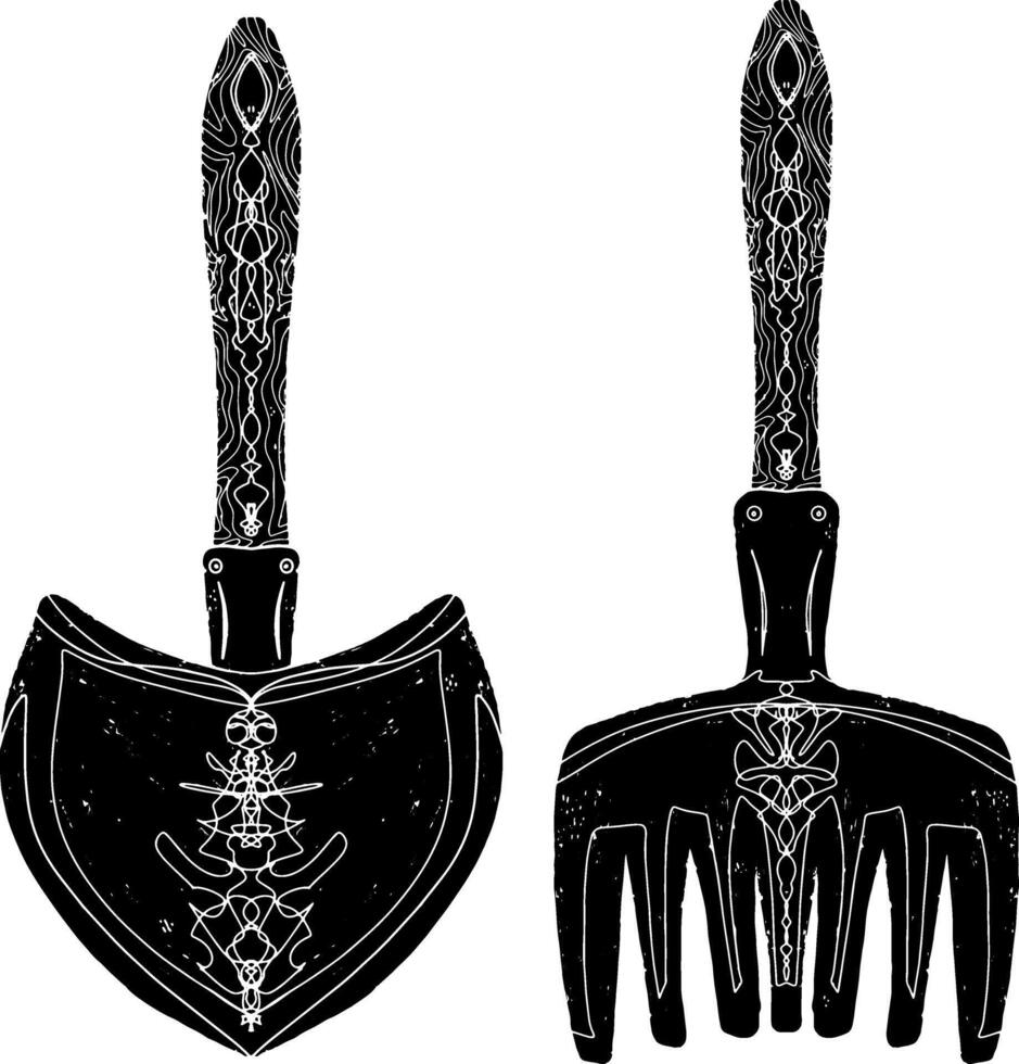 Two black and white illustrations of a fork and a spoon vector