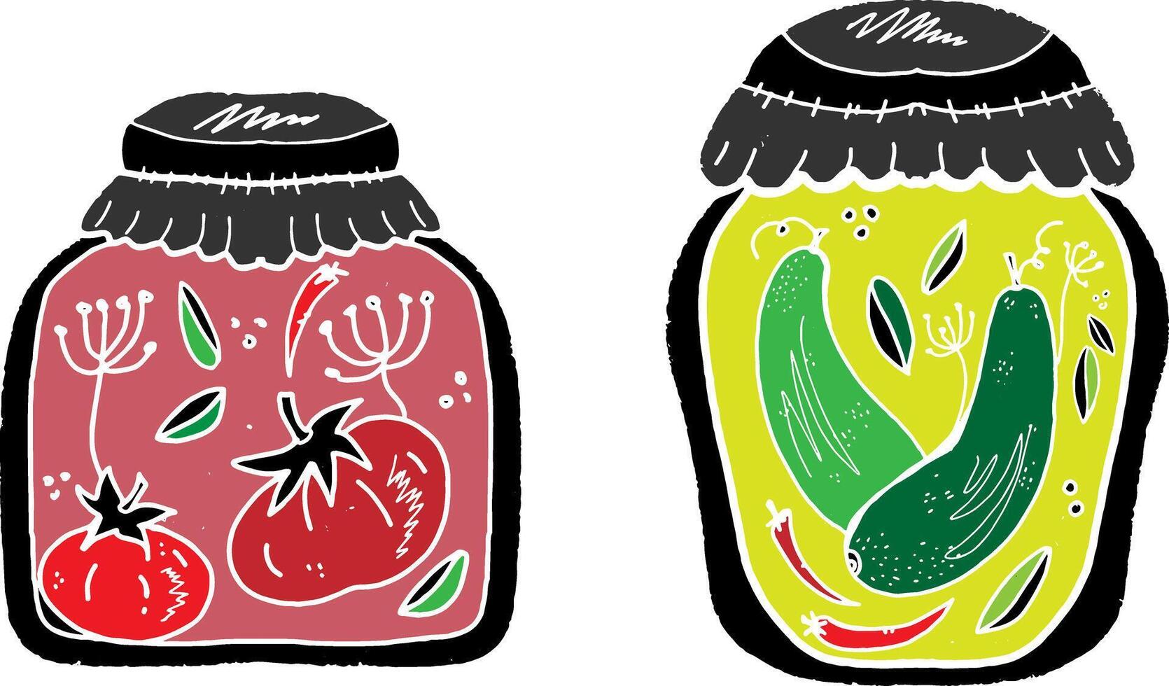 Two jars with vegetables and a jar with a lid vector