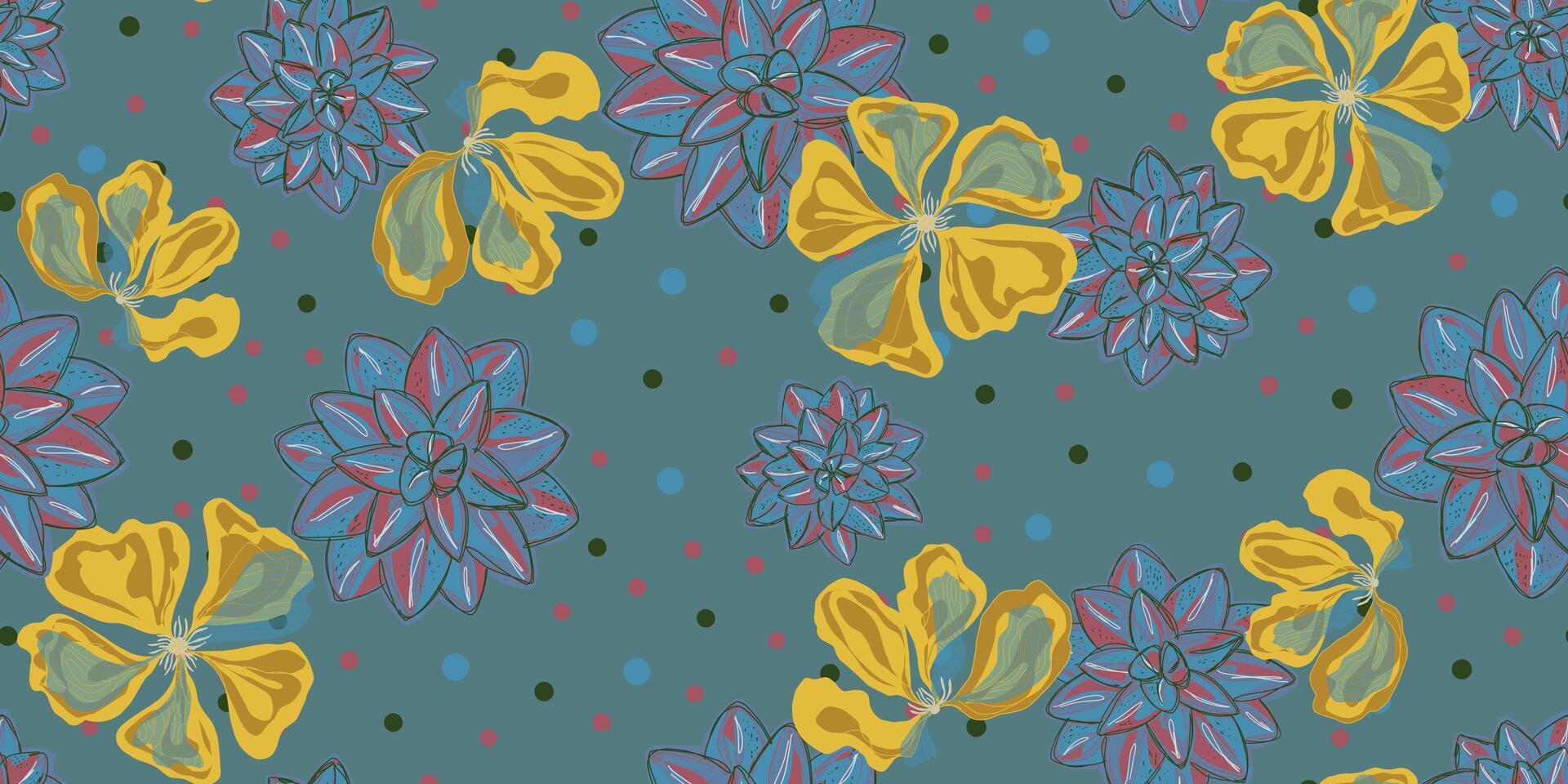 A pattern with yellow and blue flowers on a blue background vector
