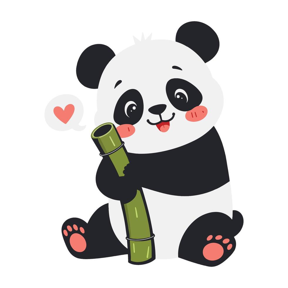 Panda holding bamboo stick with heart shape vector