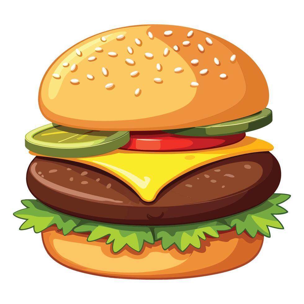A hamburger with cheese, lettuce and tomatoes vector
