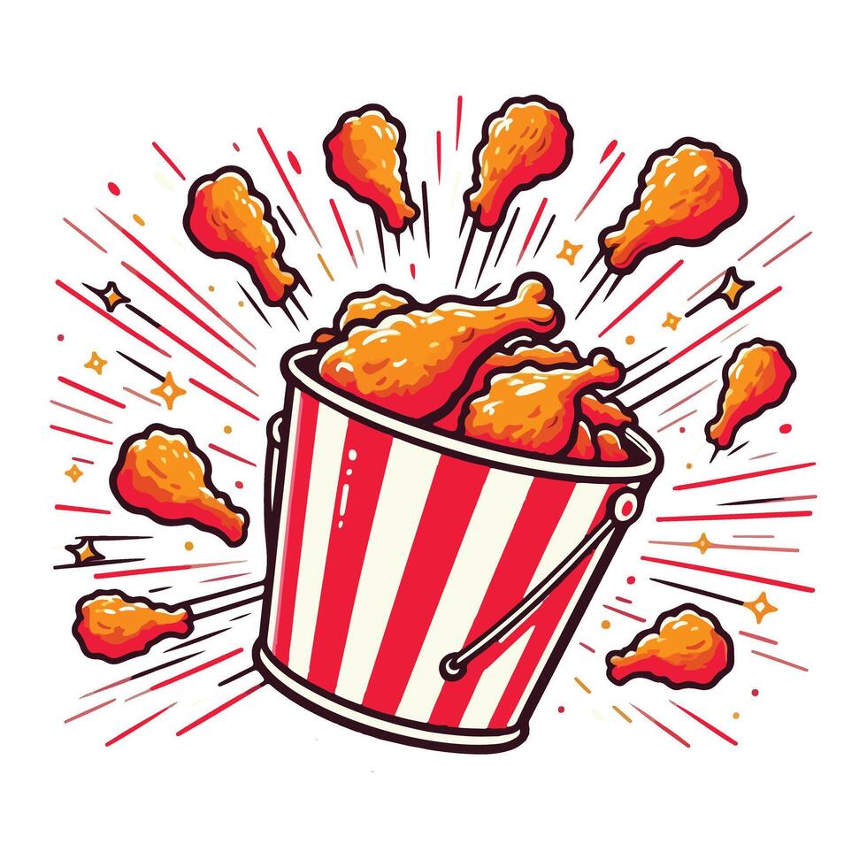 A bucket full of fried chicken in a red and white striped bucket vector