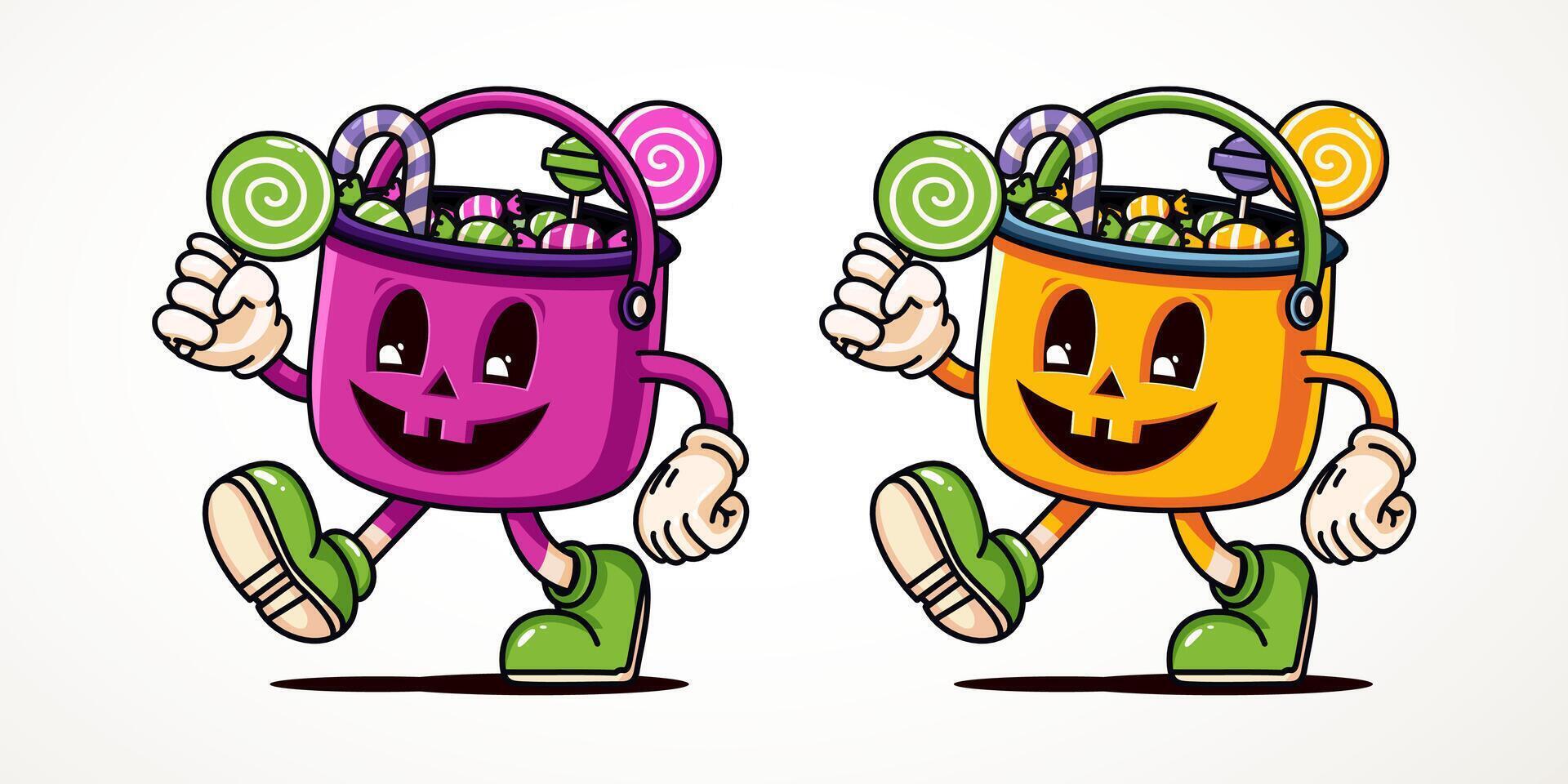 Walking candy bucket, retro mascot character. Suitable and event and design element vector