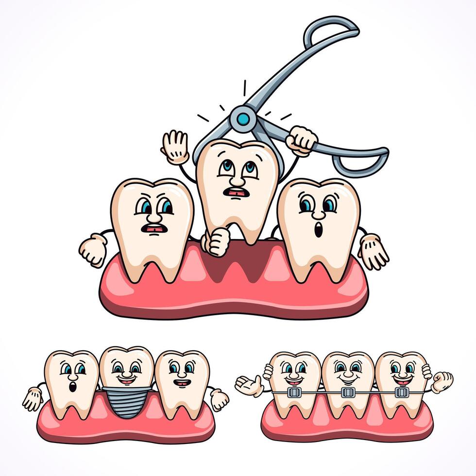 Tooth extraction, braces and dental implant cartoon. Suitable for health vector