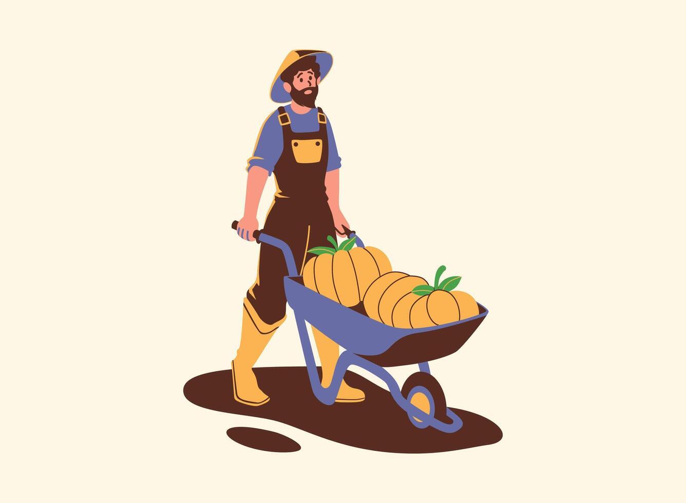 A farmer wearing a hat pushes a wheelbarrow filled with pumpkins. Cartoon-style illustration of a farmer engaged in harvest work. vector