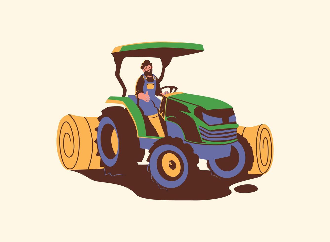 A bearded farmer in overalls drives a green tractor with large wheels and hay bales attached. Cartoon-style agricultural illustration. vector