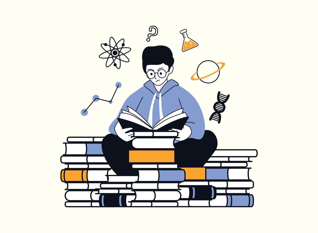 A curious young man wearing glasses sits on a pile of books, engrossed in reading. Surrounding him are symbols of science and knowledge, such as an atom, a flask, a planet, and a DNA strand. vector