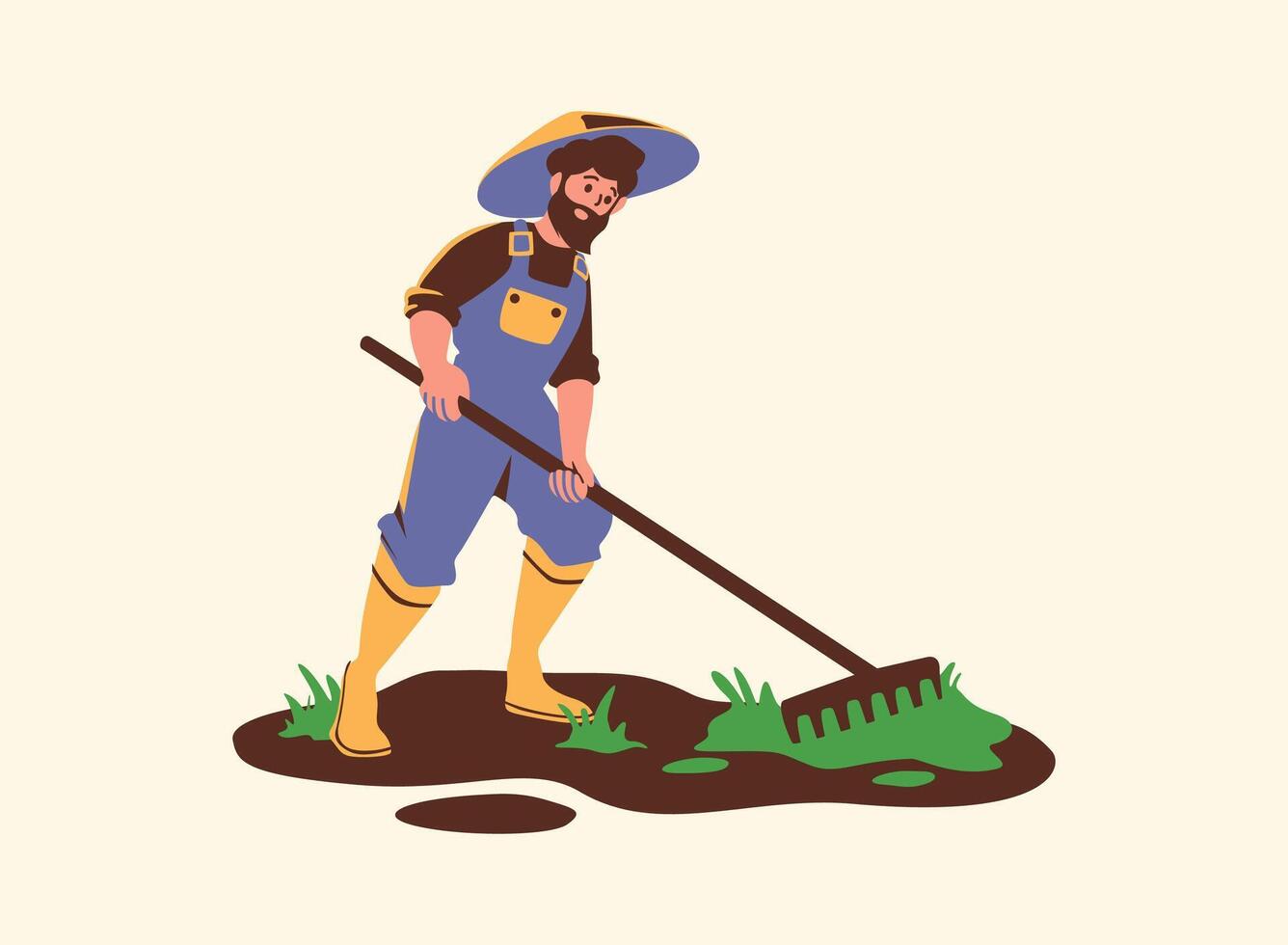 A cartoon illustration of a male farmer plowing a field with a hand tool. He is wearing a hat and overalls and has a determined expression vector