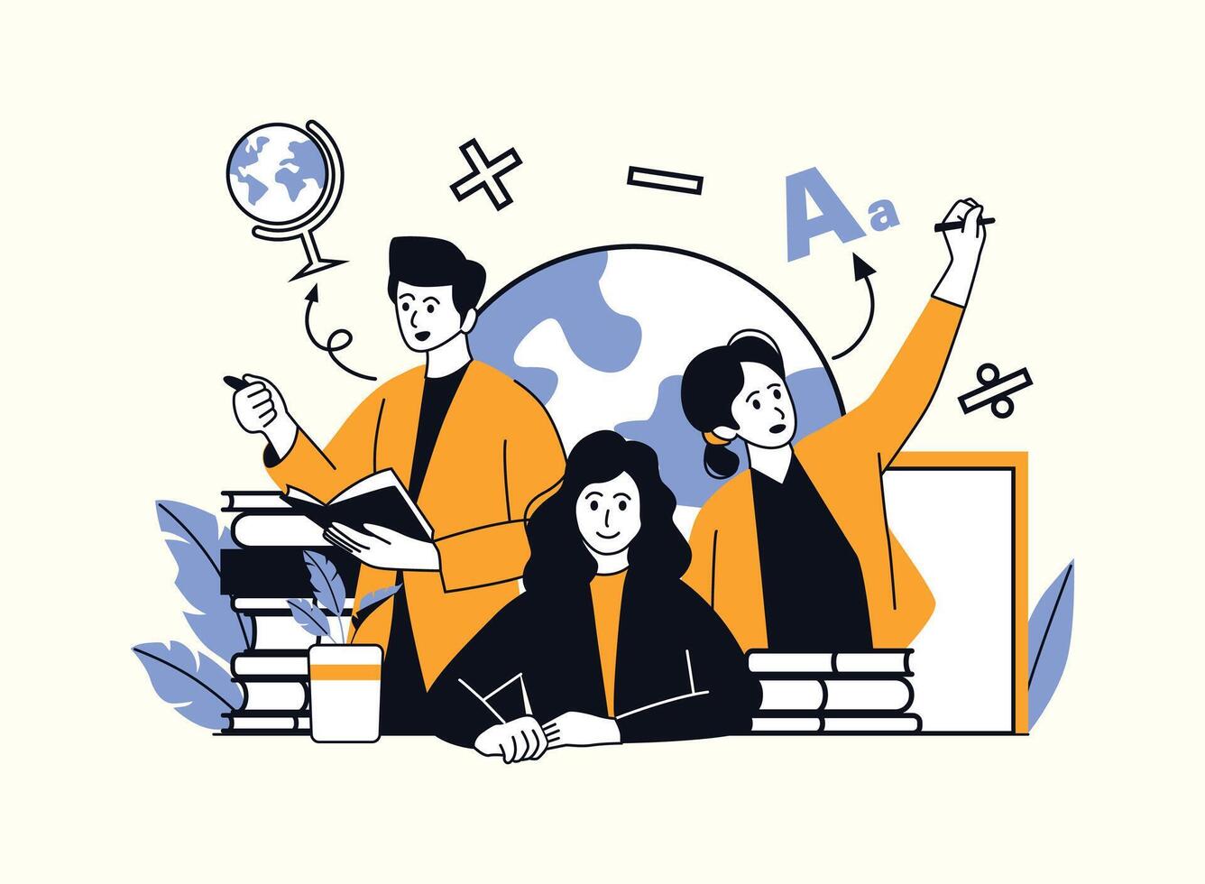 Three people are surrounded by educational symbols, including a globe, books, and math signs. One is writing on a board, another is reading, and the third is holding a pen. This image represents a col vector