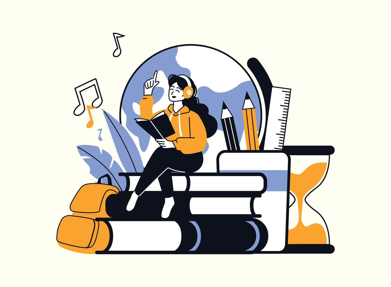 A young woman wearing headphones sits on a pile of books, reading and enjoying music. Surrounding her are educational tools like a globe, pencils, and a ruler, as well as a backpack and an hourglass. vector