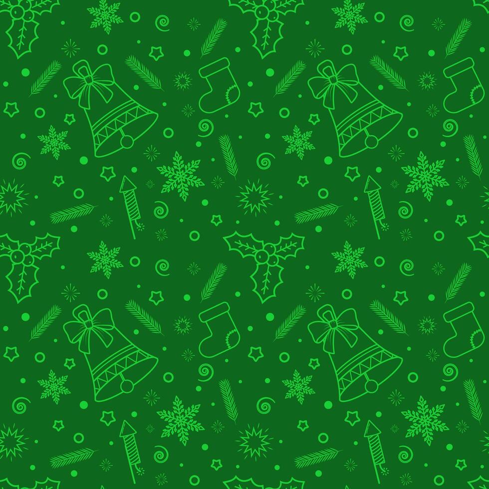 Christmas seamless pattern in green with contour images of elements vector