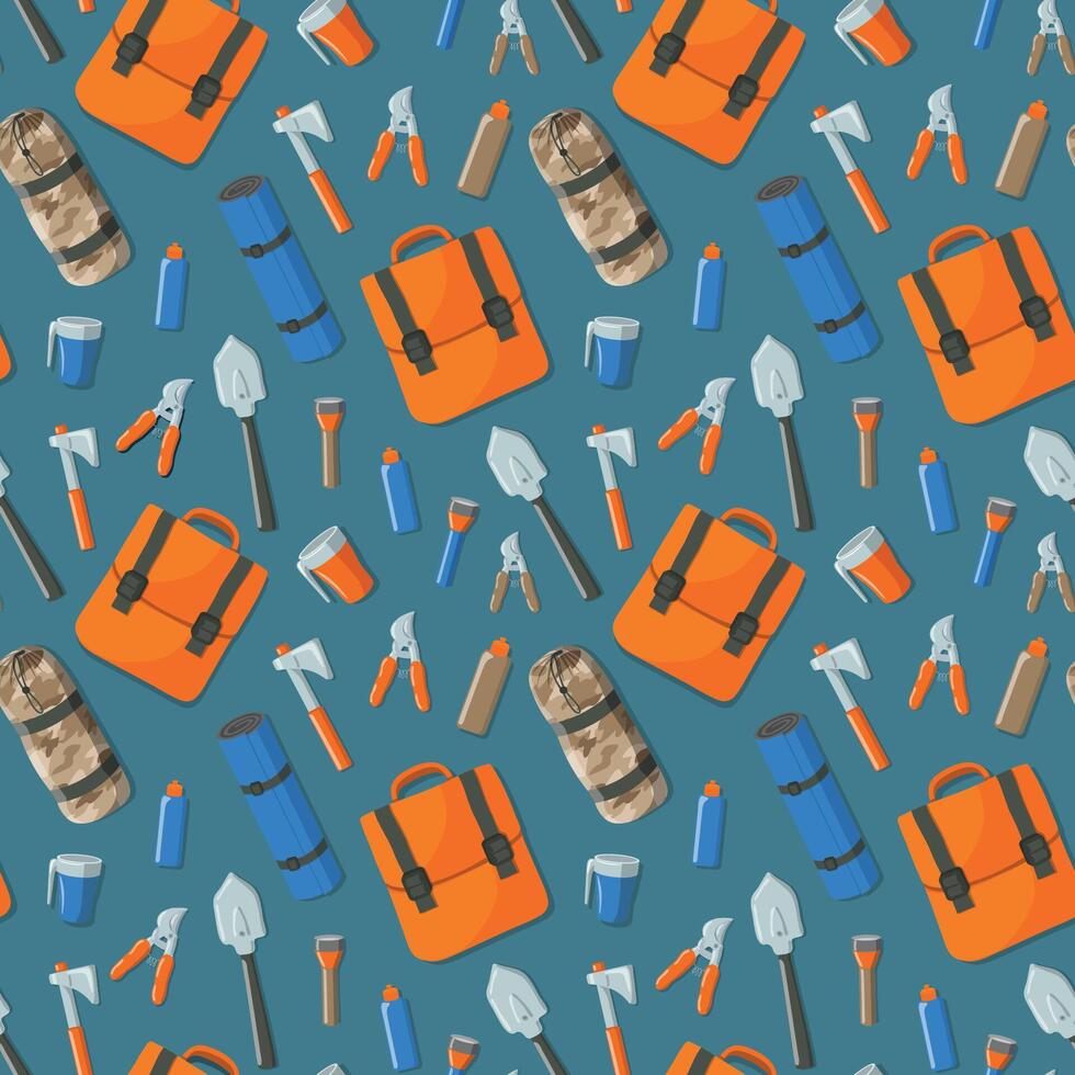 Seamless flat lay of tourist items backpack, axe, torch, sleeping bag, tools etc vector