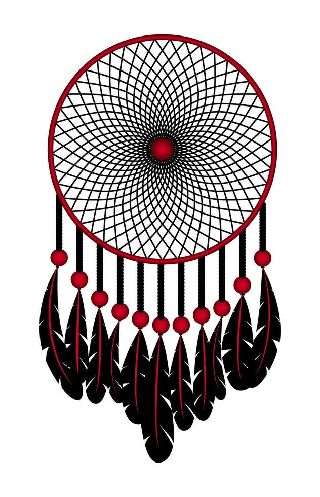 Dreamcatcher woven in a circle with feathers in red and black tones vector