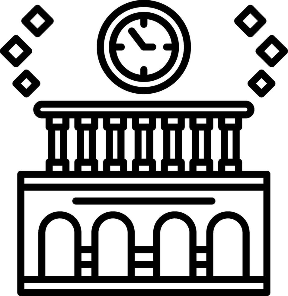 A black and white illustration of a clock tower vector
