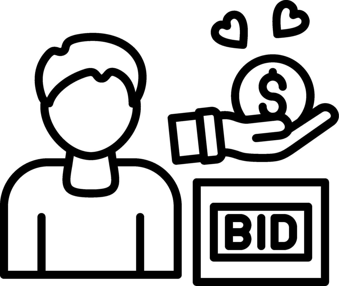 A black and white image of a man holding a dollar sign and a bid box vector