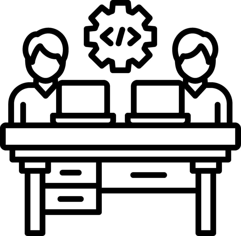 A line drawing of two people working at a desk vector