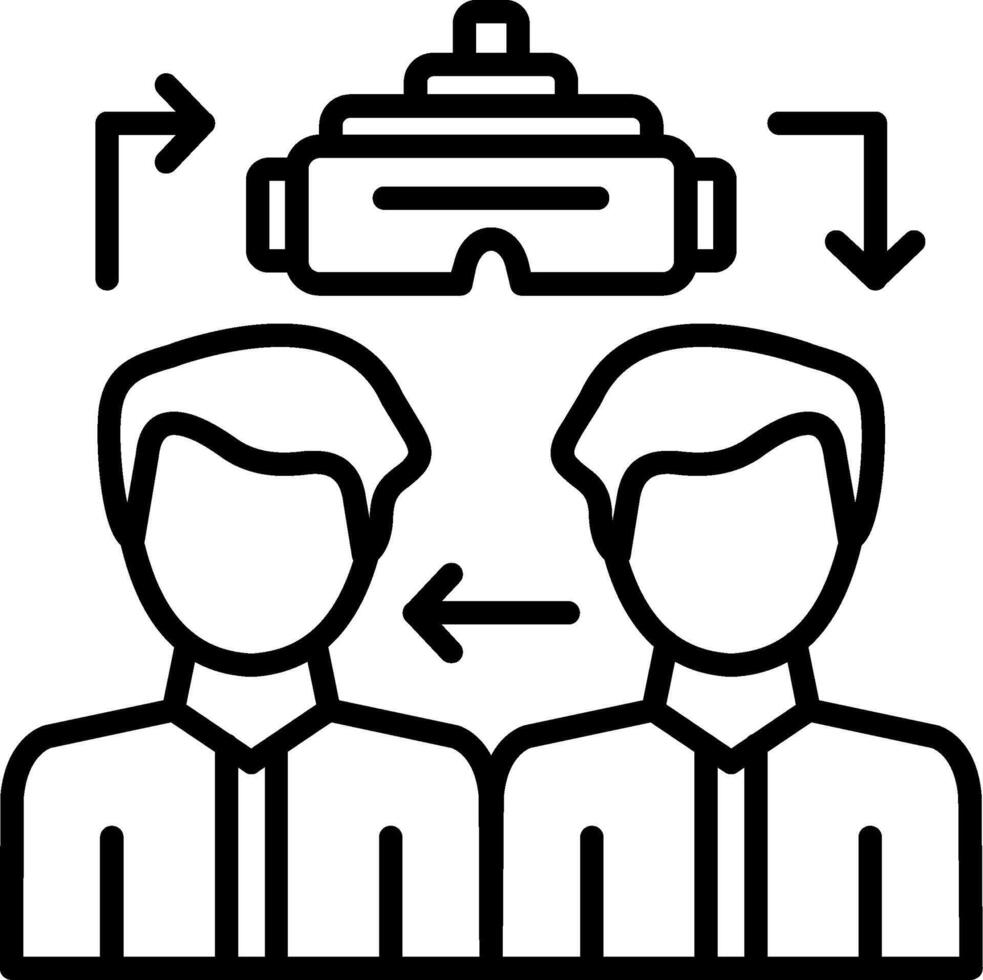 Two people are standing in front of a computer with a headset vector