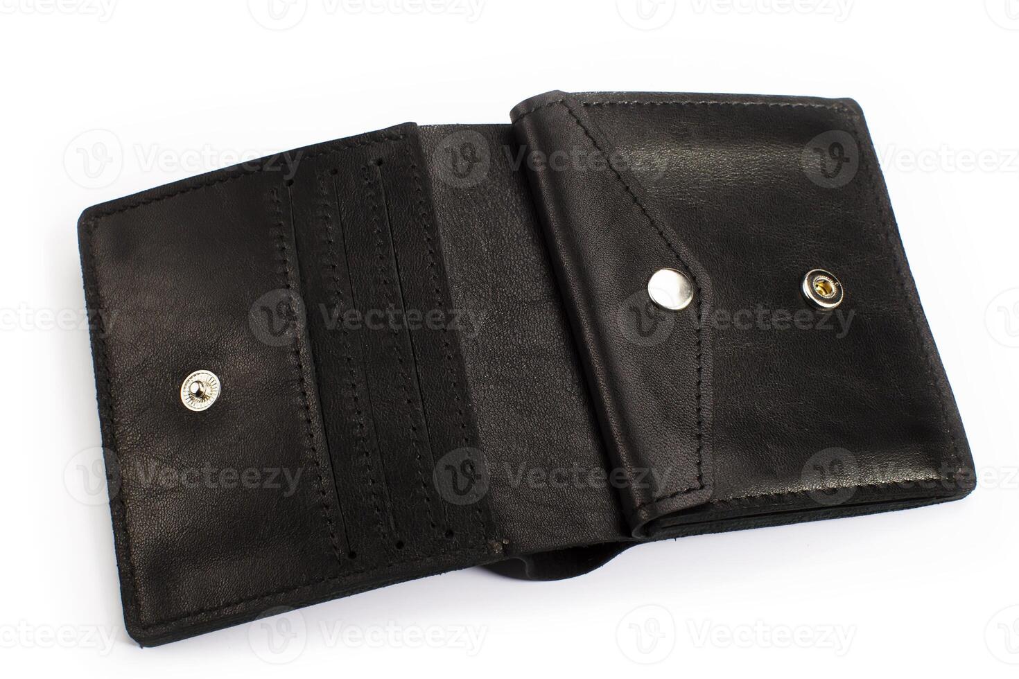 Open black leather wallet on a white background photo