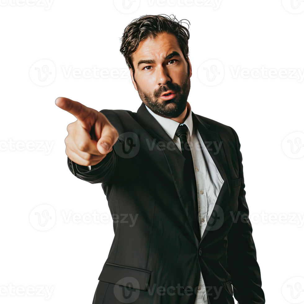 A man in a suit pointing at something png